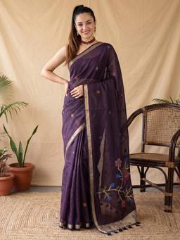 Akhilam - Womens Cotton Linen Wine Handloom Saree