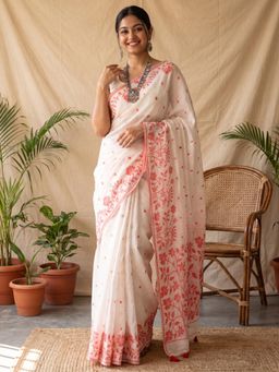 Akhilam - Womens Cotton Linen White Handloom Saree