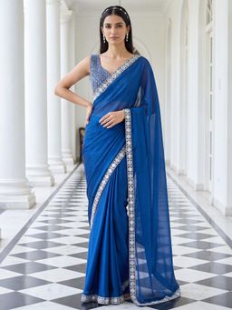 Akhilam - Womens Georgette Blue Solid Saree