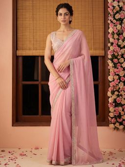 Akhilam - Womens Georgette Pink Solid Saree