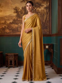 Akhilam - Womens Satin Mustard Solid Saree