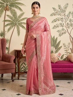 Akhilam - Womens Net Pink Solid Saree
