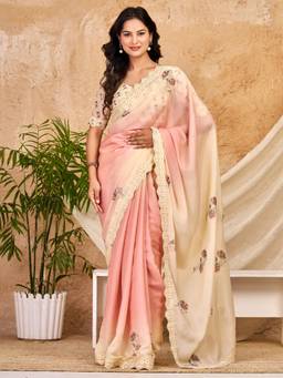 Akhilam - Womens Georgette Peach Embroidered Saree