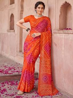 Akhilam - Womens Chiffon Orange Printed Saree