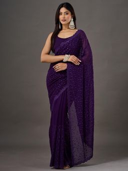 Akhilam - Womens Georgette Purple Embroidered Saree