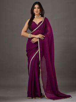 Akhilam - Womens Georgette Wine Solid Saree