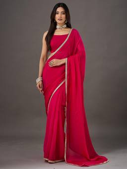 Akhilam - Womens Georgette Pink Solid Saree