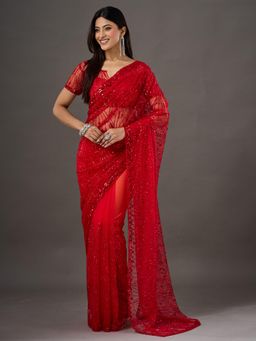 Akhilam - Womens Net Red Embroidered Saree