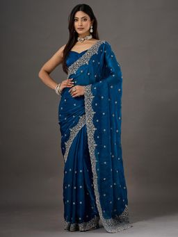 Akhilam - Womens Satin Teal Embroidered Saree