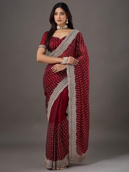 Akhilam - Womens Chiffon Maroon Embroidered Saree