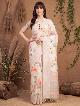 Akhilam - Womens Cotton Silk Off White Printed Saree