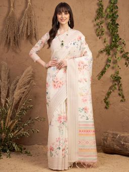 Akhilam - Womens Cotton Silk Off White Printed Saree