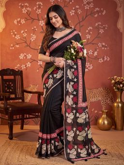 Akhilam - Womens Cotton Linen Black Printed Saree
