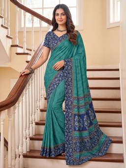 Akhilam - Womens Crepe Teal Printed Saree