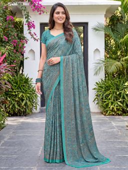 Akhilam - Womens Crepe Turquoise Printed Saree