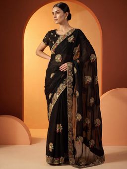 Akhilam - Womens Satin Black Embroidered Saree