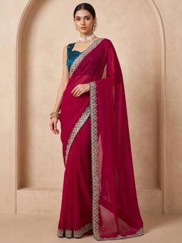 Akhilam - Womens Satin Pink Embroidered Saree