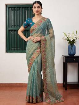Akhilam - Womens Tissue Blue Embroidered Saree