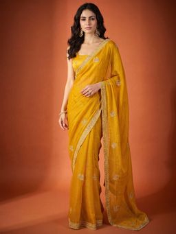 Akhilam - Womens Chiffon Yellow Embroidered Saree