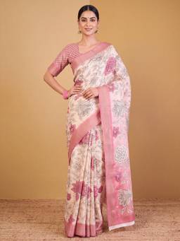 Akhilam - Womens Satin Pink Printed Saree