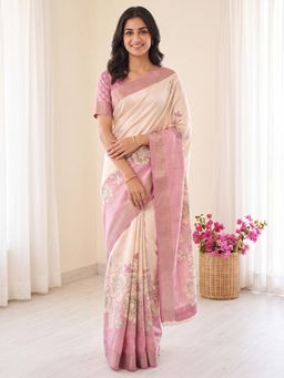 Akhilam - Womens Satin Pink Printed Saree