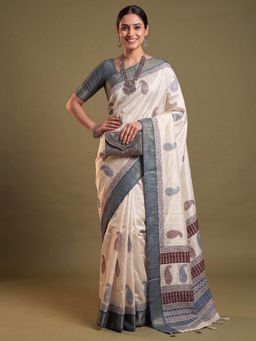 Akhilam - Womens Cotton Silk Off White Printed Saree