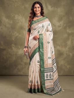 Akhilam - Womens Cotton Silk Green Printed Saree