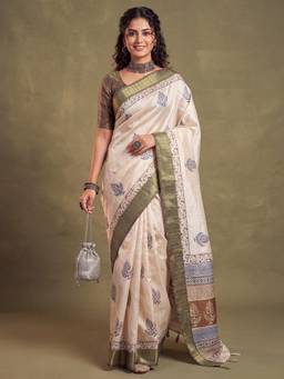 Akhilam - Womens Cotton Silk Olive Printed Saree