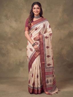 Akhilam - Womens Cotton Silk Maroon Printed Saree