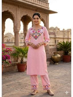 ANAISA - Women Light Pink Floral Embroidered Pure Cotton Co-Ord Set