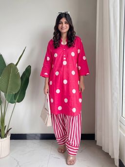 MOKOSH - Women Pink Cotton Polka Dot Printed Kurta with Striped Farsi Salwar