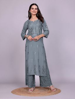Colorkosh - Grey Rayon Chikankari Embroidered Kurta And Palazzo