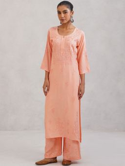 Colorkosh - Peach Rayon Chikankari Embroidered Kurta And Palazzo