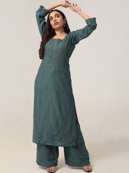 Colorkosh - Teal Rayon Chikankari Embroidered Kurta And Palazzo