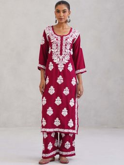Colorkosh - Red Rayon Chikankari Embroidered Kurta And Pant