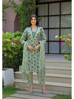 Aravalii - Sage Green Floral Printed Cotton Kurta with Pant and Dupatta