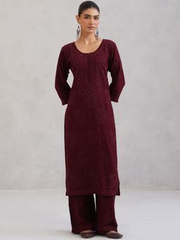 Colorkosh - Maroon Rayon Chikankari Embroidered Kurta And Palazzo