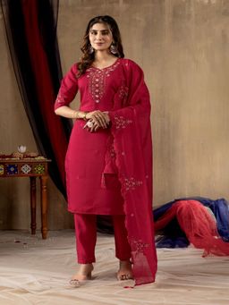 PMD FASHION - Rani Pink Embroidered Straight Kurta With Pants And Dupatta