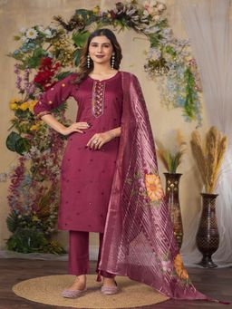 PMD FASHION - Women Burgundy Floral Embroidered Kurta with Pant and Dupatta