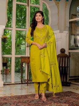 PMD FASHION - Neon Yellow Embroidered Kurta With Pant And Dupatta