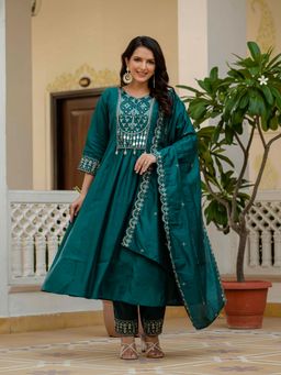 PMD FASHION - Teal Embroidered Anarkali Kurta With Pant And Dupatta