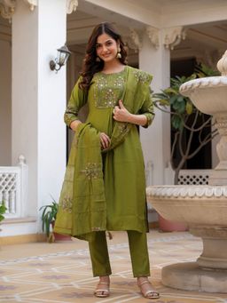 PMD FASHION - Women Mehendi Green Embroidered Kurta with Pant and Dupatta