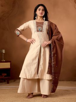 PMD FASHION - Cream Silk Blend Embroidered Kurta with Palazzo and Dupatta