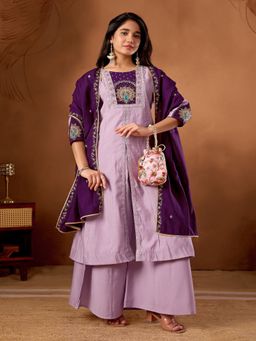 PMD FASHION - Lavender Silk Blend Embroidered Kurta with Palazzo and Dupatta