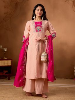 PMD FASHION - Peach Silk Blend Embroidered Kurta with Palazzo and Dupatta