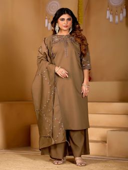 PMD FASHION - Brown Floral Embroidered Kurta with Palazzo and Dupatta