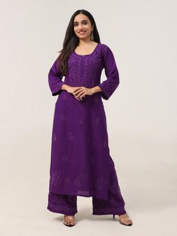 Colorkosh - Purple Rayon Chikankari Embroidered Kurta And Palazzo
