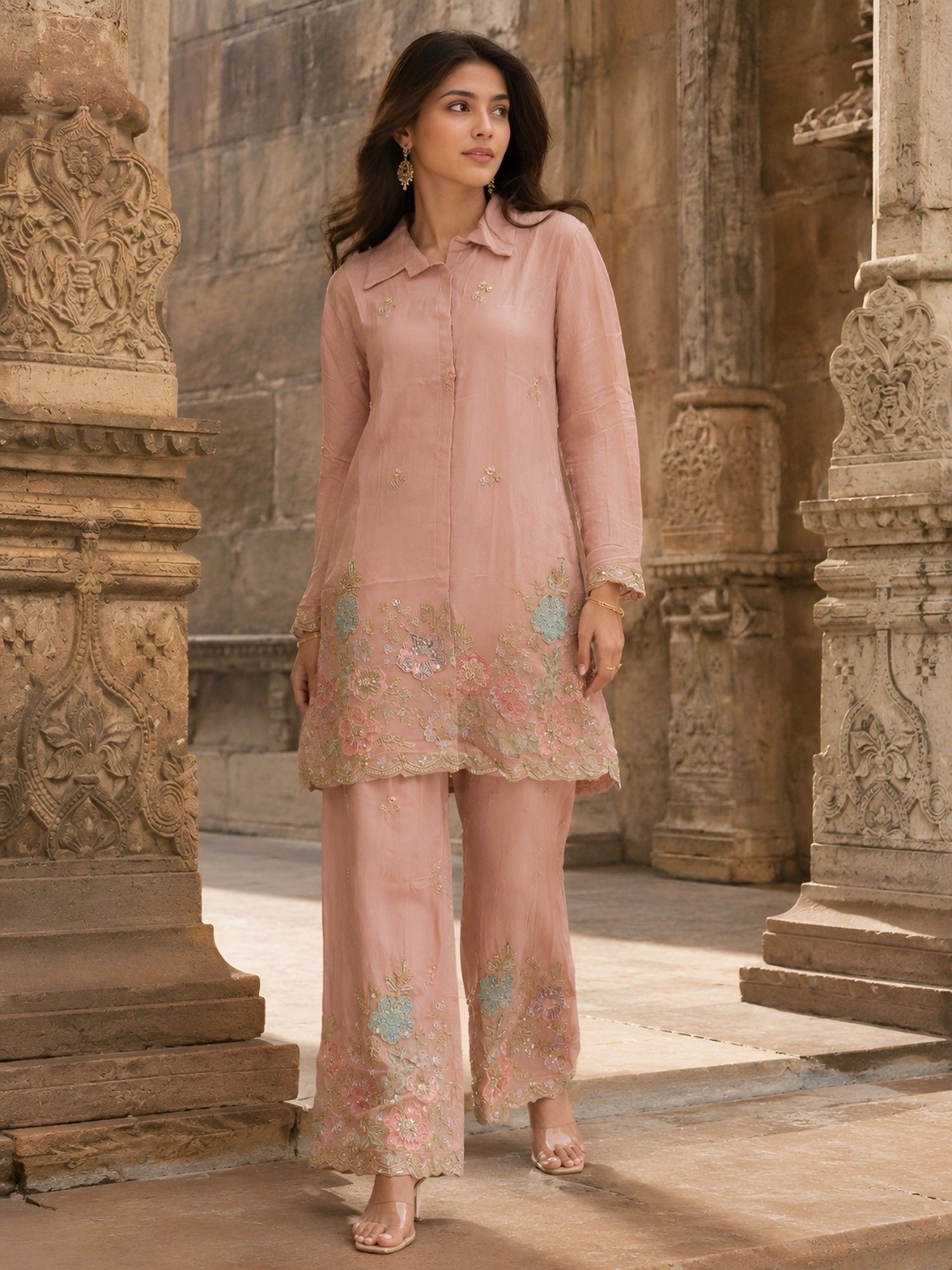kaftanize Women Pink Floral Embroidered Co-Ord Set-picture-39