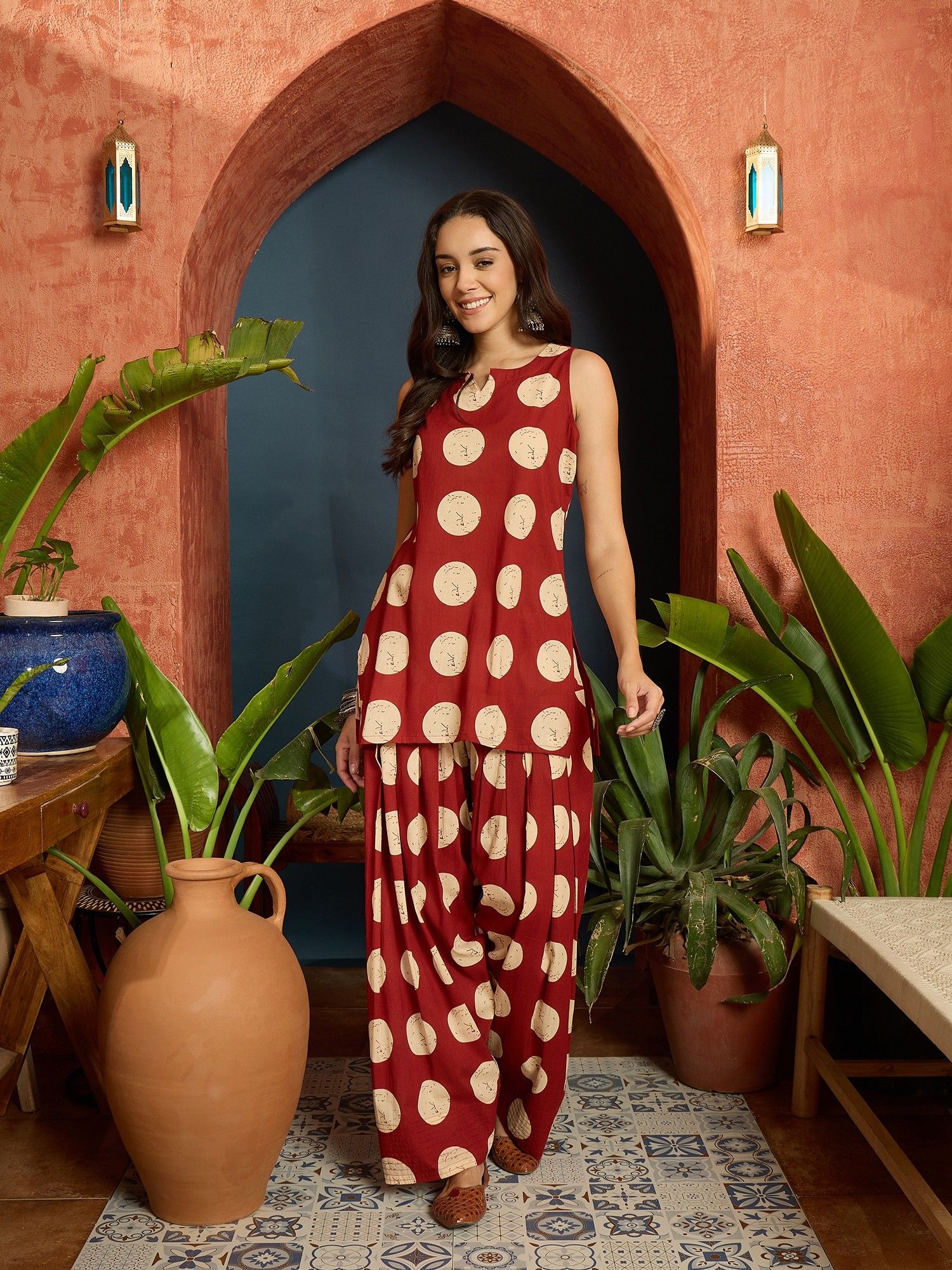 stylum Women Maroon Polka Dot Printed Pure Cotton Straight Co-Ord Set-picture-19