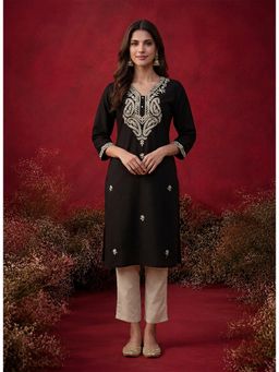 Lakshita - Black Embroidered Cotton Straight Kurta with Pant